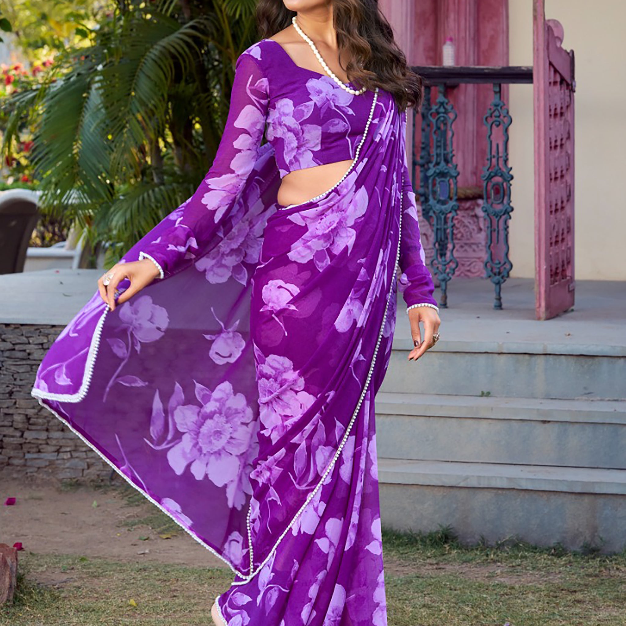 Stunning Purple Floral Printed Chiffon Office Wear Saree With Blouse