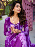 Stunning Purple Floral Printed Chiffon Office Wear Saree With Blouse