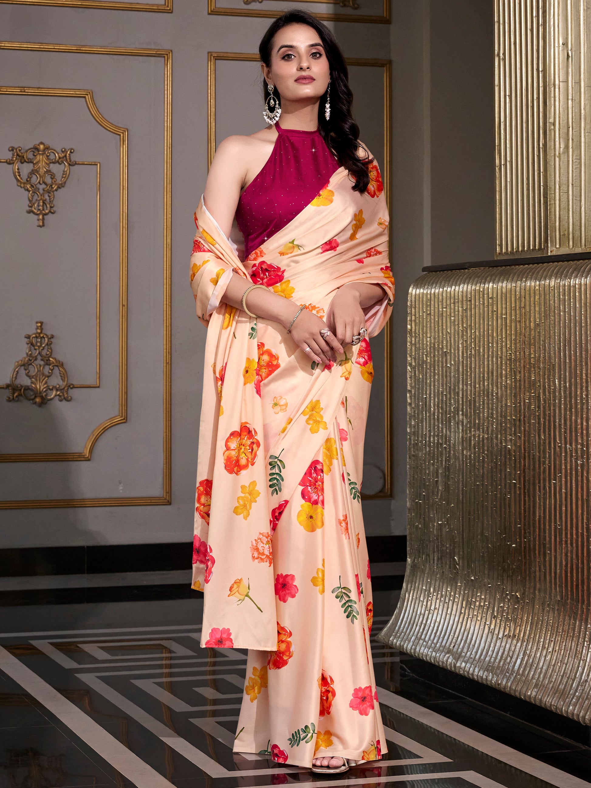 Incredible Peach Floral Printed Satin Casual Wear Saree With Blouse