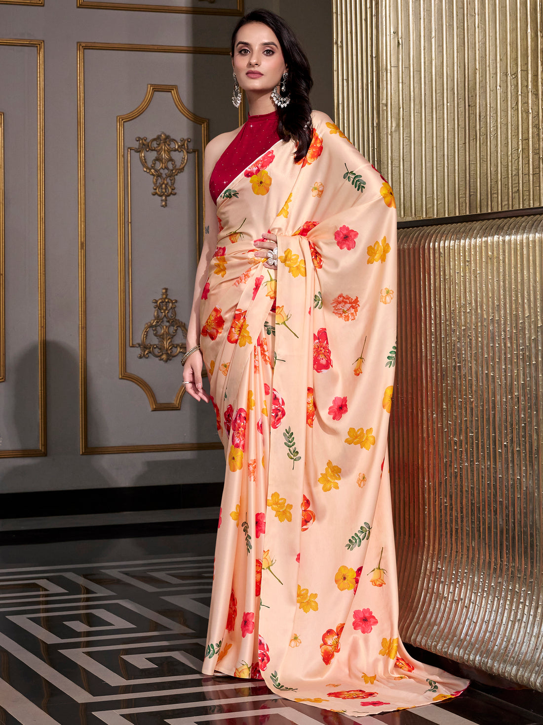 Incredible Peach Floral Printed Satin Casual Wear Saree With Blouse
