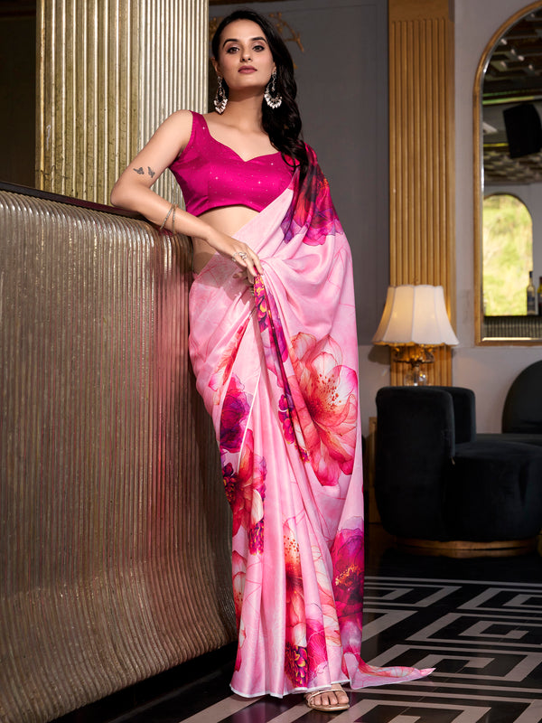 Fantastic Light Pink Floral Printed Satin Office Wear Saree With Blouse