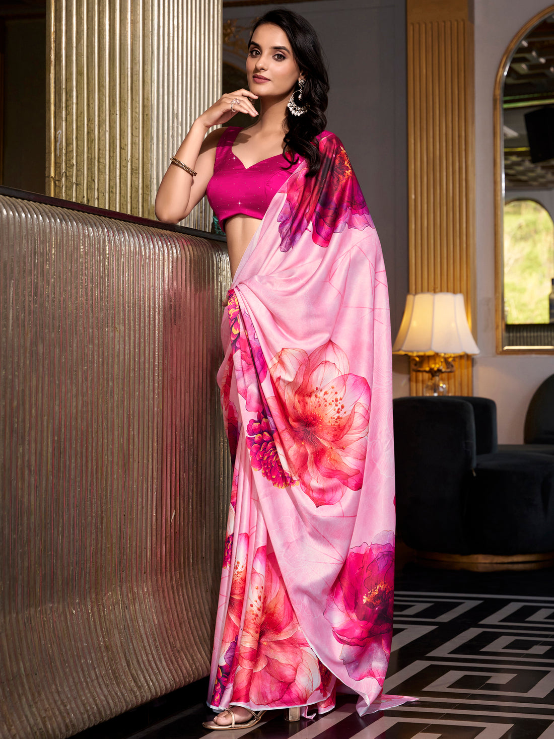 Fantastic Light Pink Floral Printed Satin Office Wear Saree With Blouse
