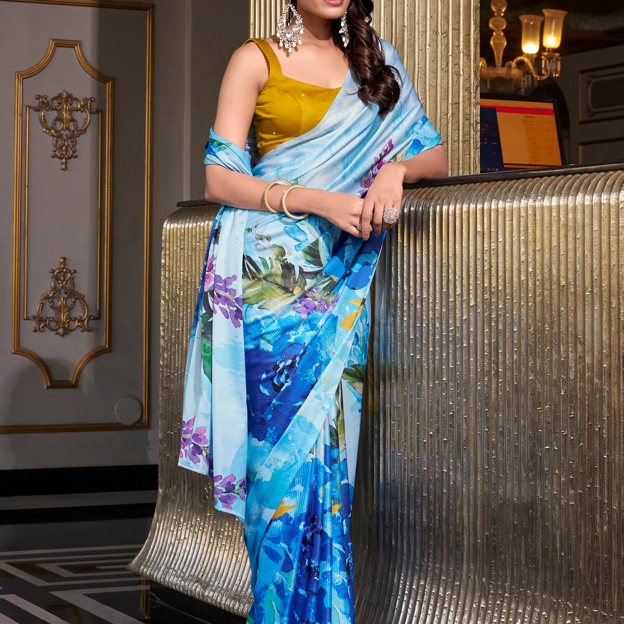 Awesome Sky-Blue Floral Printed Satin Party Wear Saree With Blouse