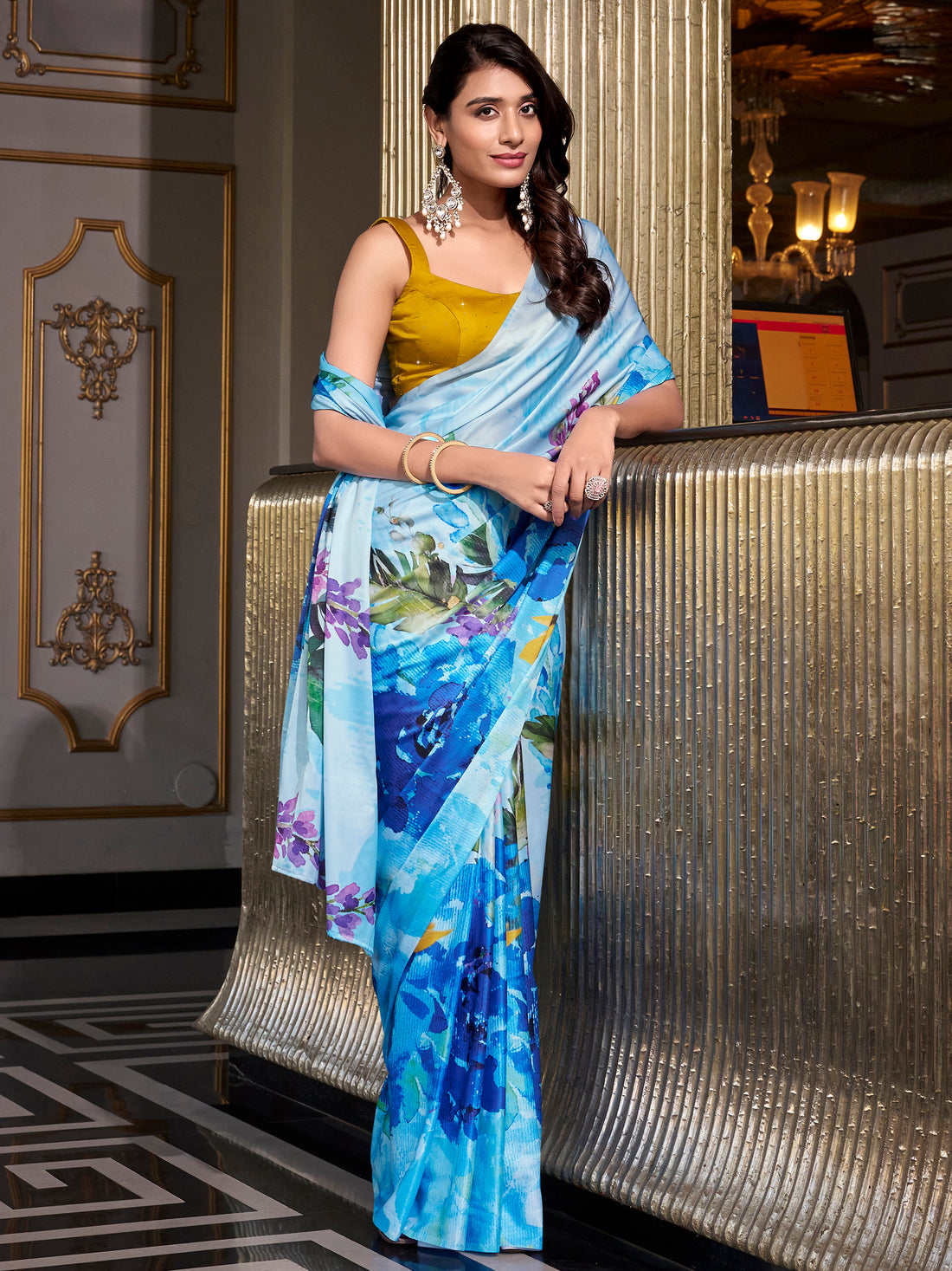 Awesome Sky-Blue Floral Printed Satin Party Wear Saree With Blouse