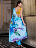 Awesome Sky-Blue Floral Printed Satin Party Wear Saree With Blouse