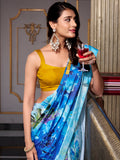 Awesome Sky-Blue Floral Printed Satin Party Wear Saree With Blouse
