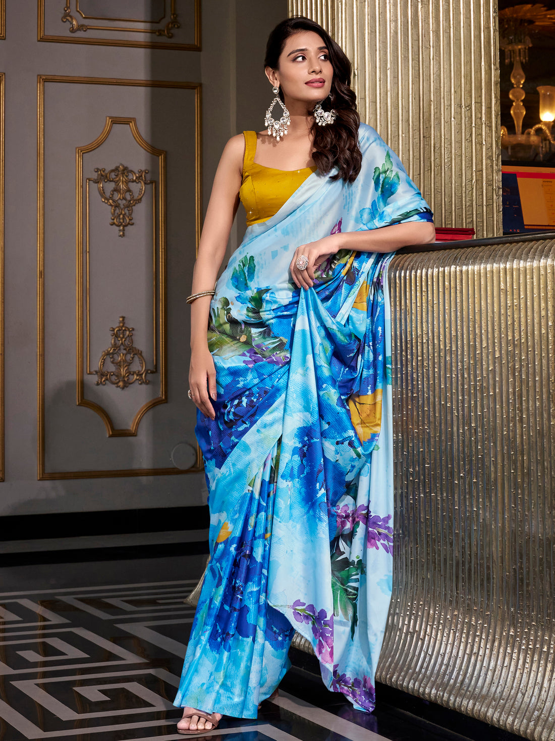 Awesome Sky-Blue Floral Printed Satin Party Wear Saree With Blouse