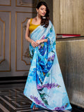 Awesome Sky-Blue Floral Printed Satin Party Wear Saree With Blouse