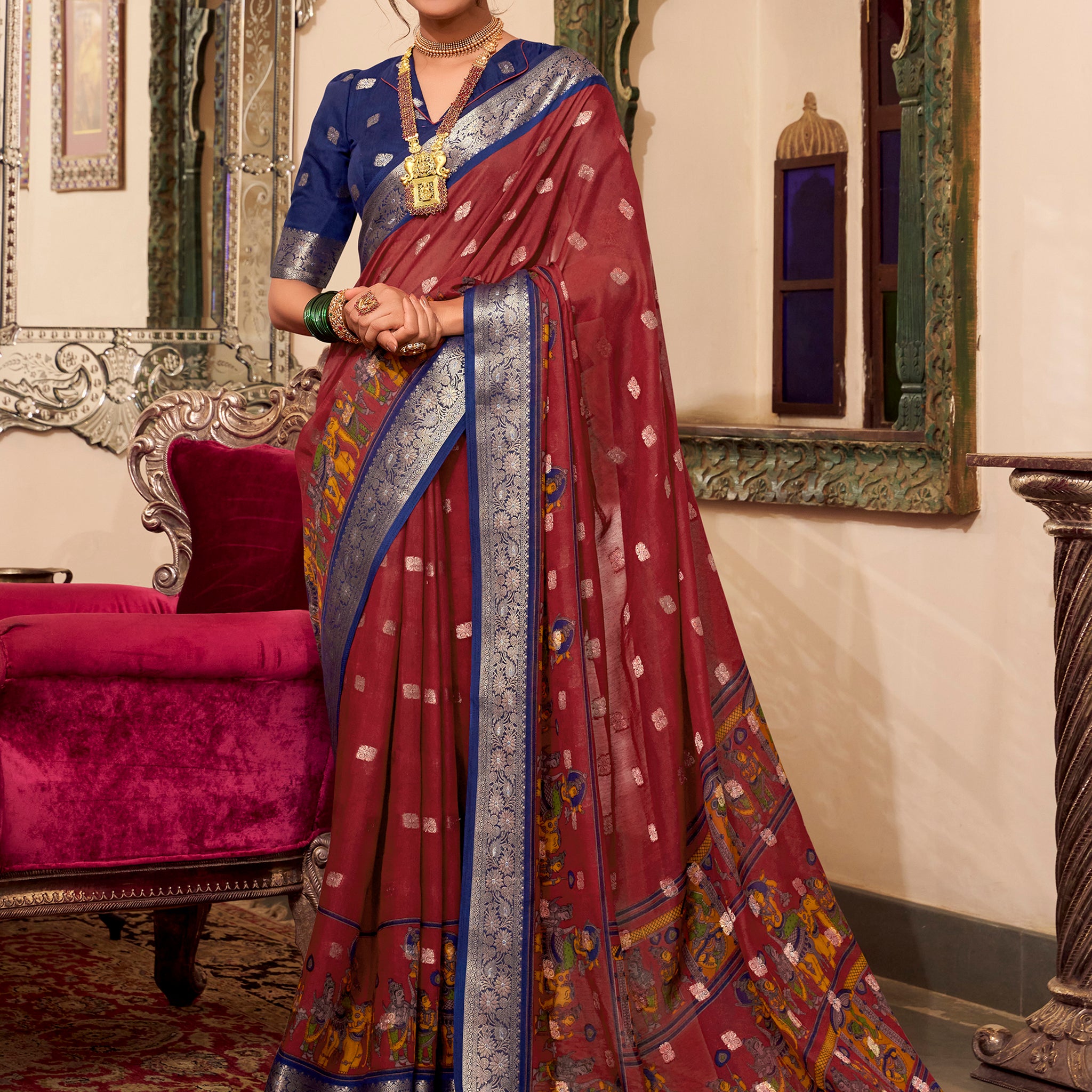 Attractive Maroon Kalamkari Printed Cotton Traditional Saree With Blouse