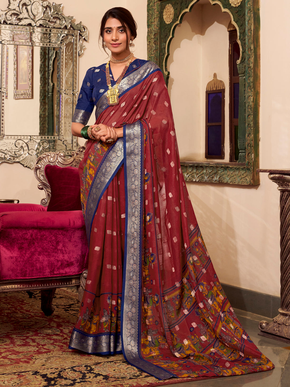 Attractive Maroon Kalamkari Printed Cotton Traditional Saree With Blouse