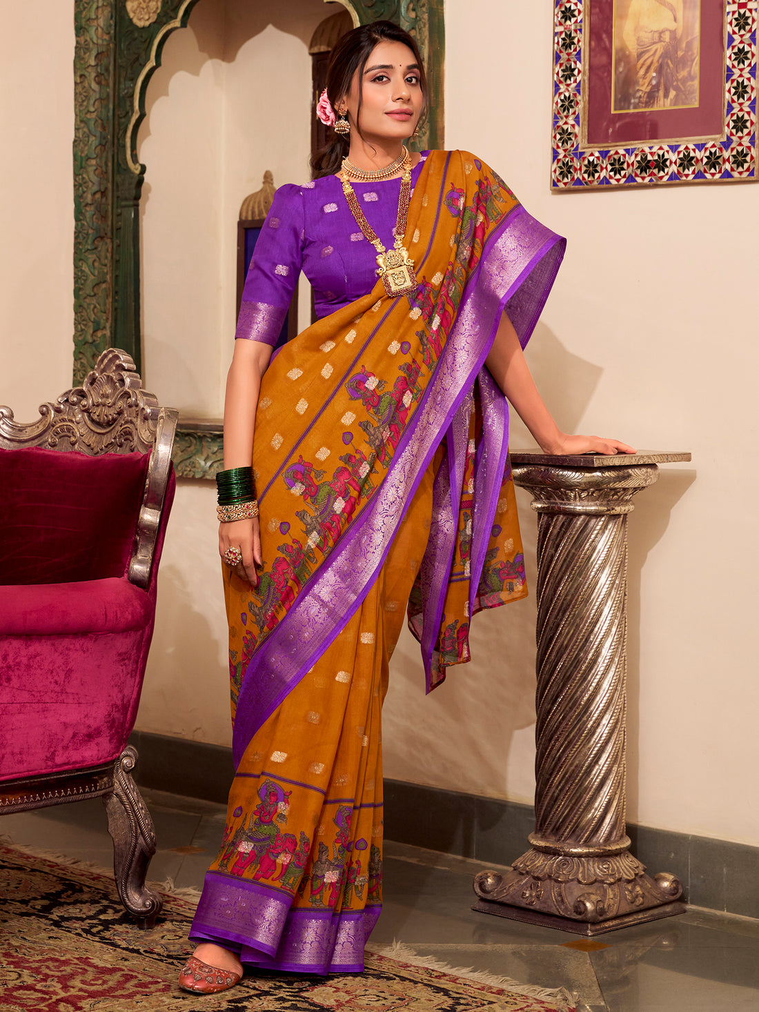 Marvelous Mustard Yellow Kalamkari Printed Cotton Festival Wear Saree
