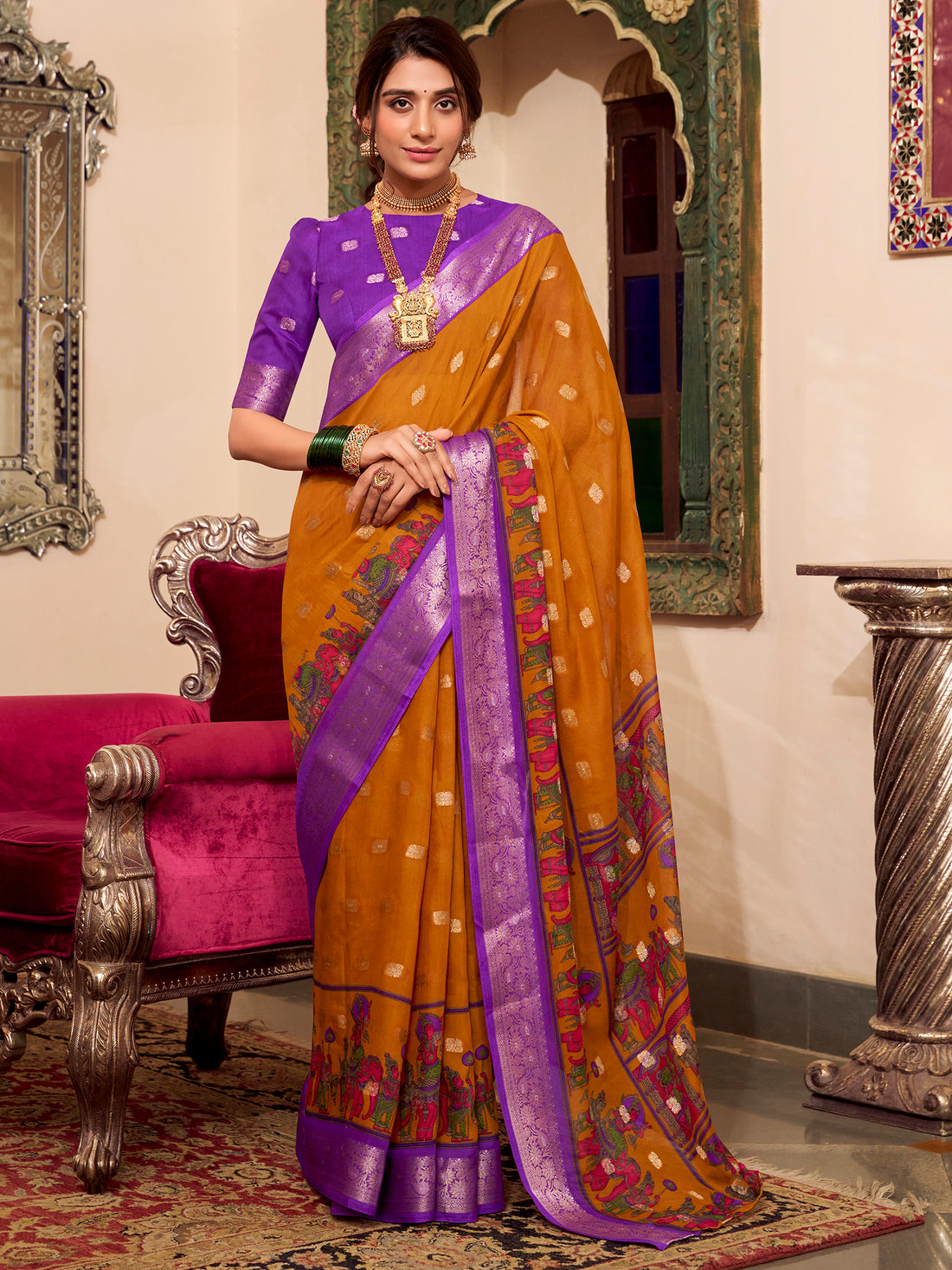 Marvelous Mustard Yellow Kalamkari Printed Cotton Festival Wear Saree