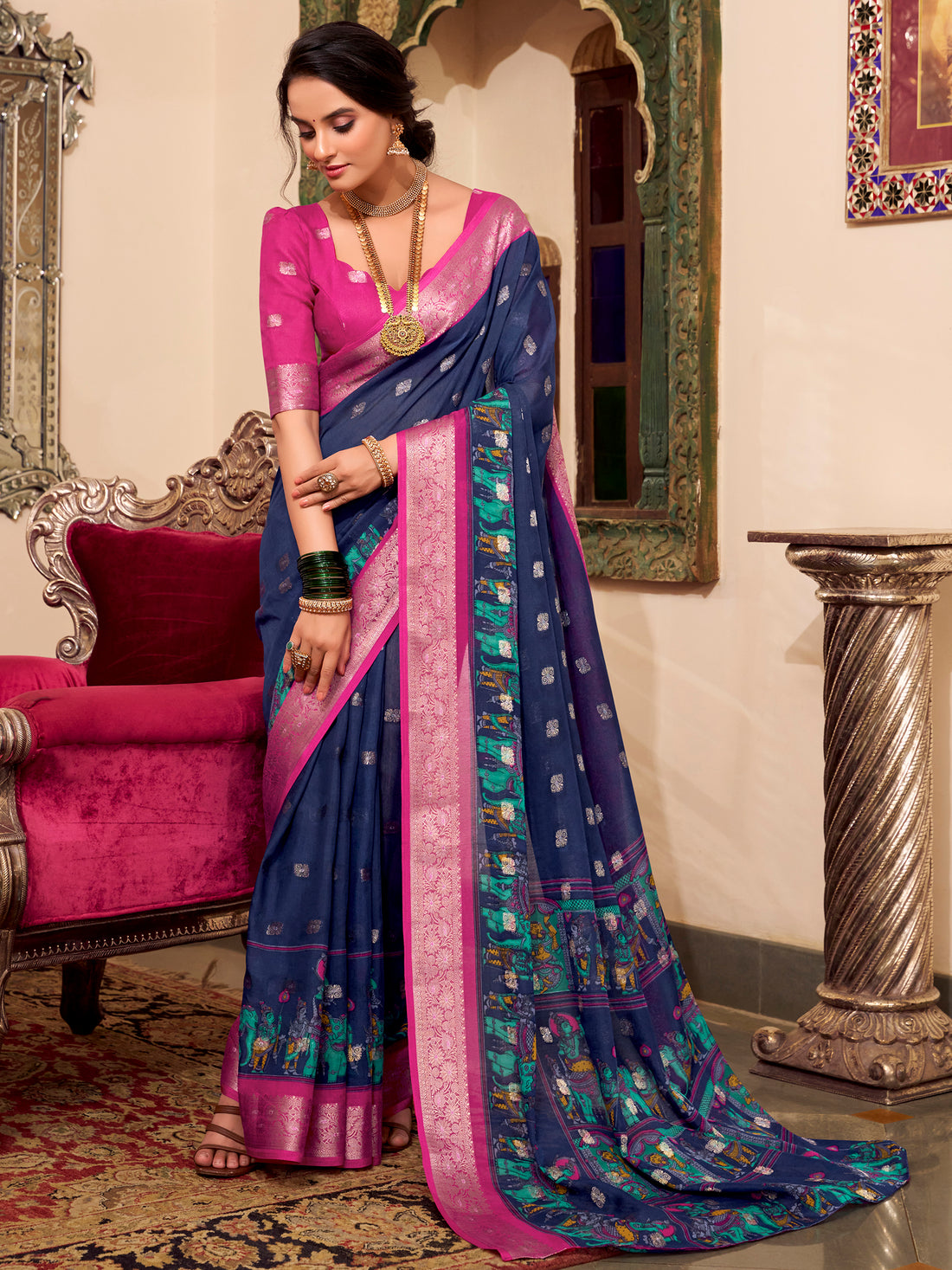 Wonderful Navy Blue Kalamkari Printed Cotton Casual Wear Saree