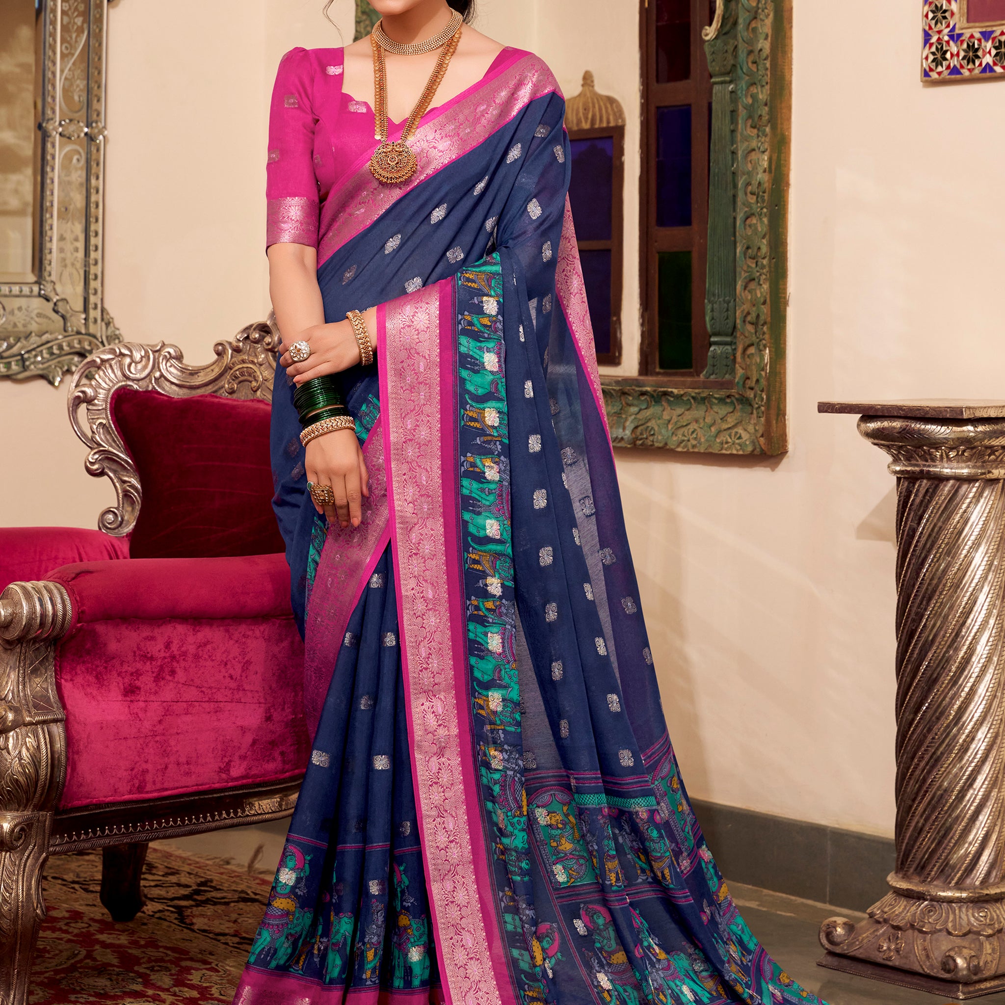 Wonderful Navy Blue Kalamkari Printed Cotton Casual Wear Saree
