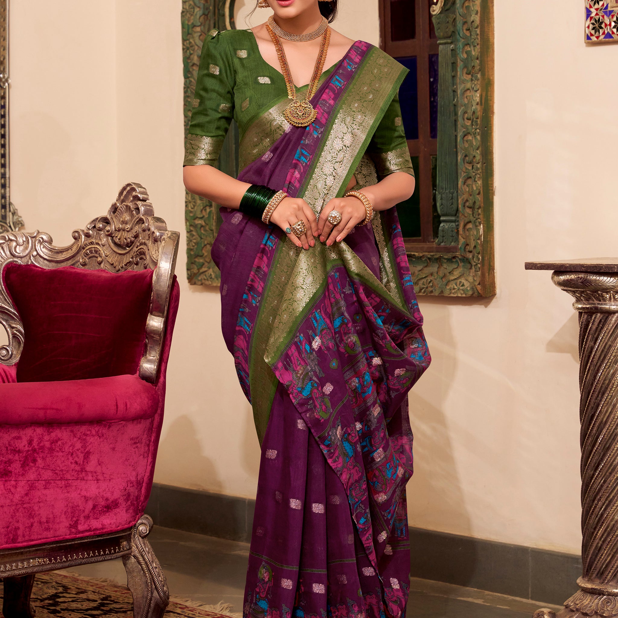 Beautiful Wine Kalamkari Printed Cotton Casual Wear Saree With Blouse