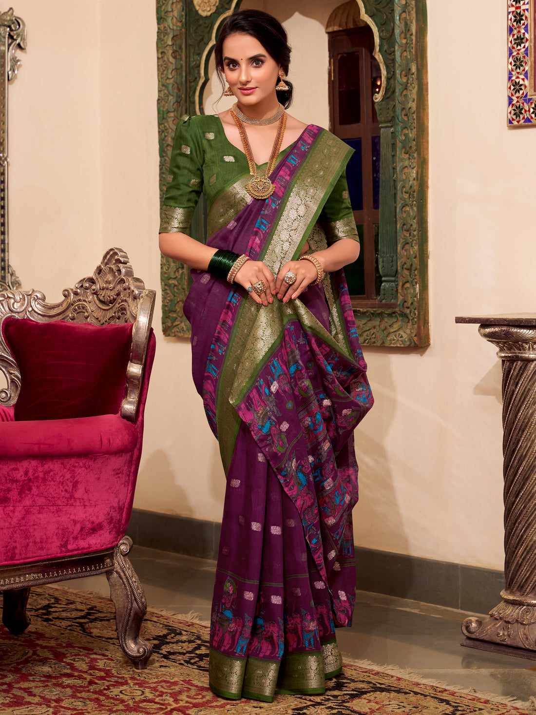 Beautiful Wine Kalamkari Printed Cotton Casual Wear Saree With Blouse