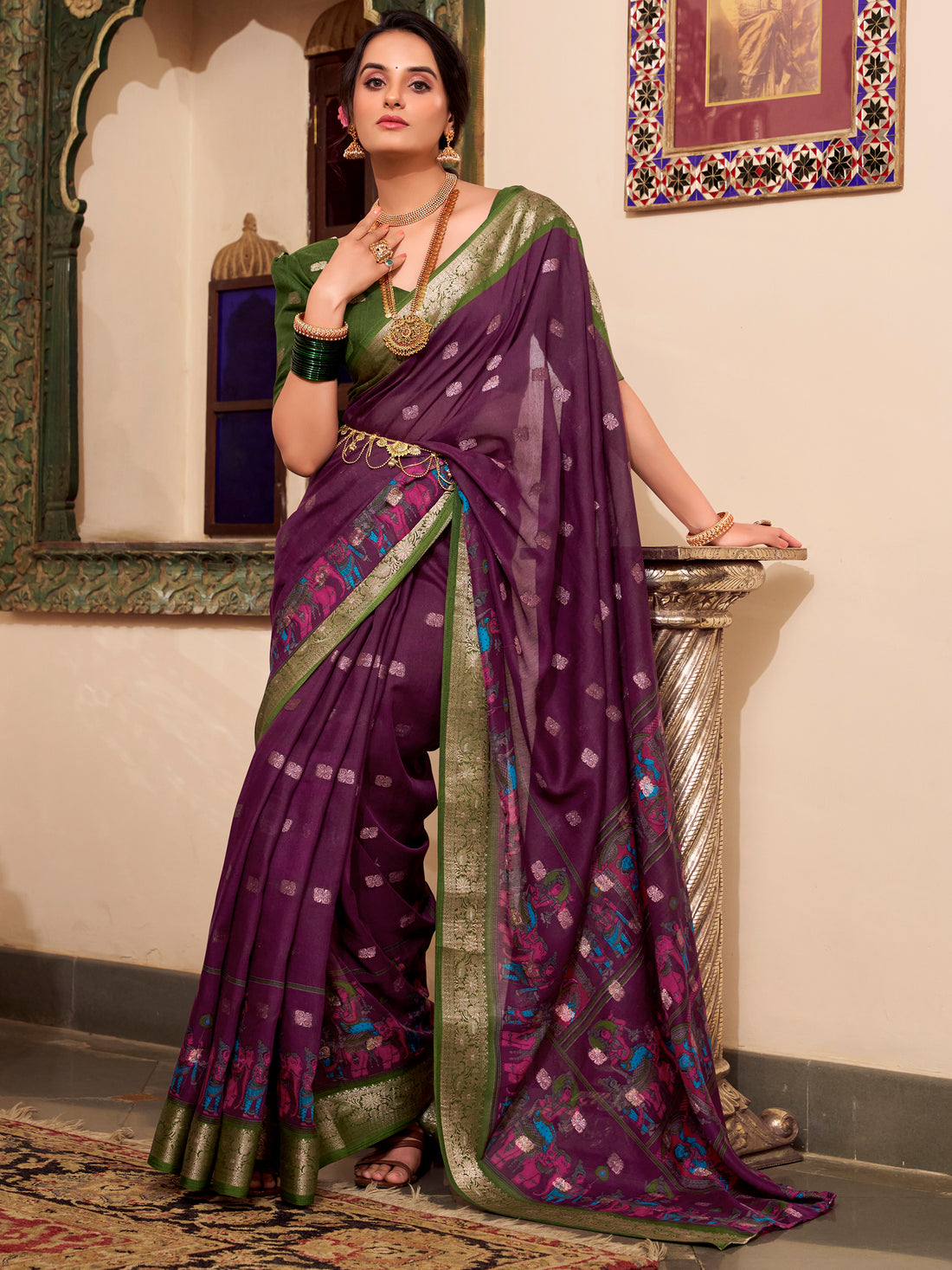 Beautiful Wine Kalamkari Printed Cotton Casual Wear Saree With Blouse