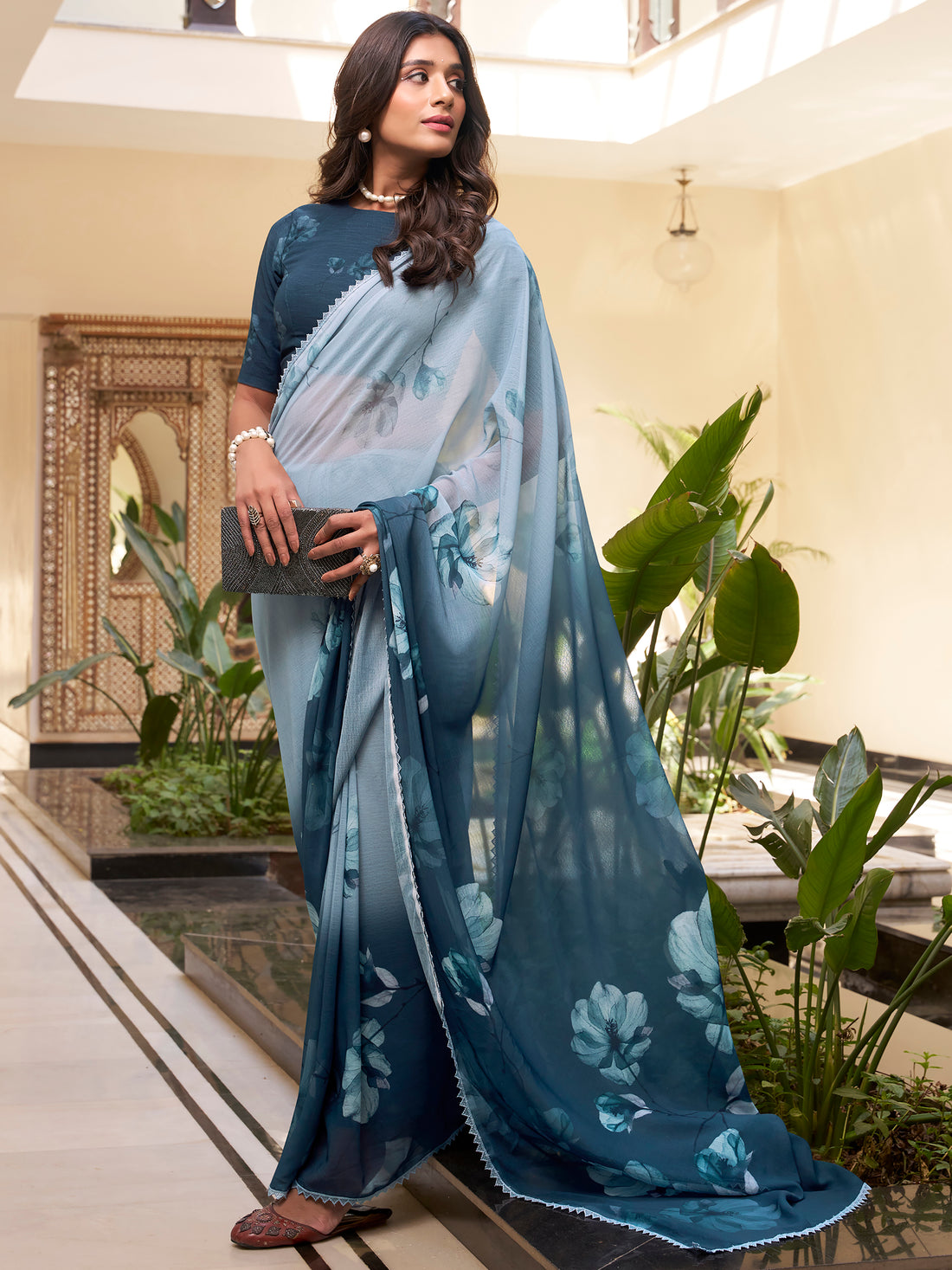 Astonishing Grey & Blue Floral Printed Chiffon Saree With Blouse