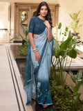 Astonishing Grey & Blue Floral Printed Chiffon Saree With Blouse