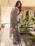 Stunning Dark Brown Floral Printed Chiffon Casual Wear Saree