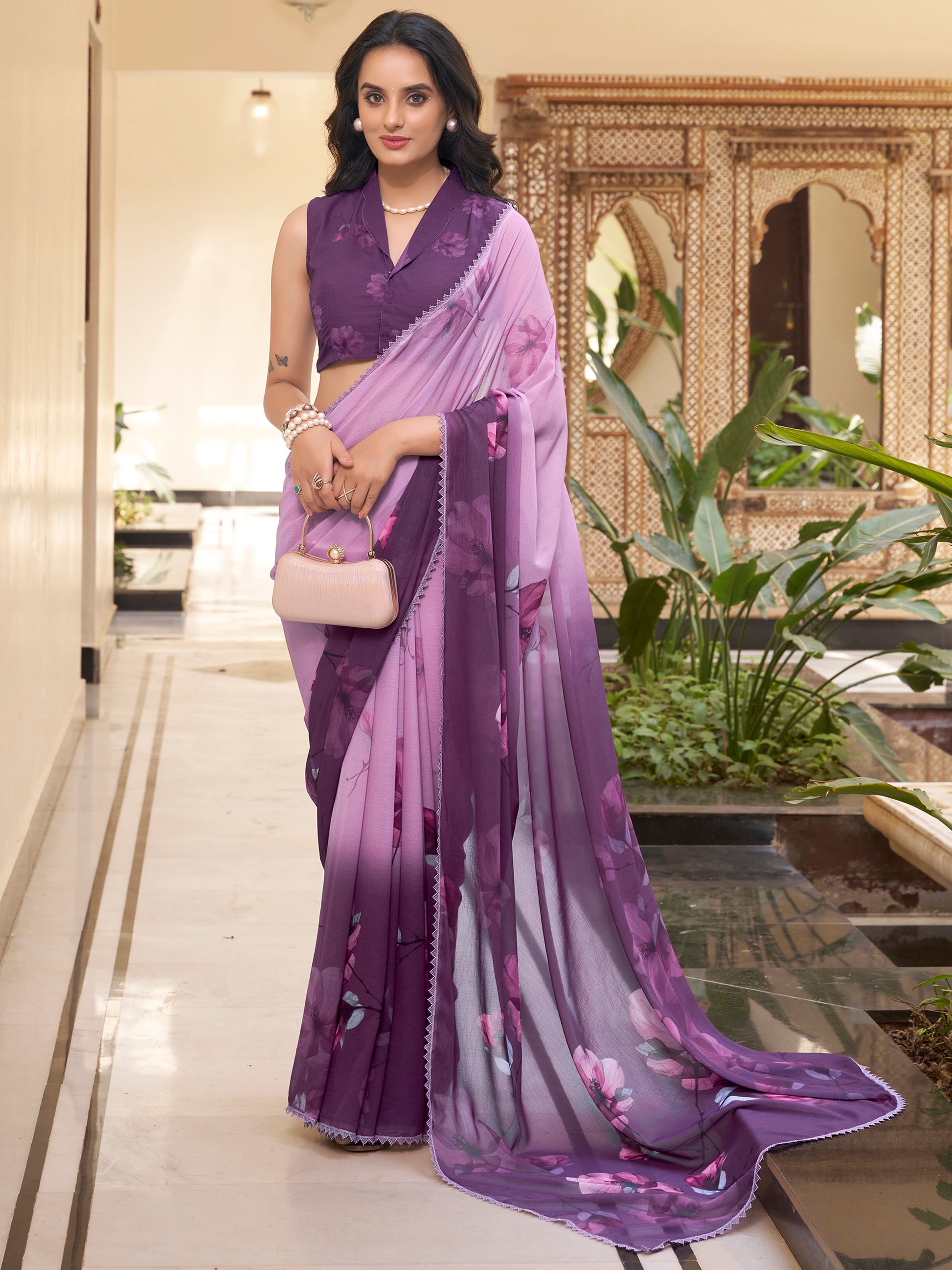 Wonderful Lavender Floral Printed Chiffon Casual Wear Saree