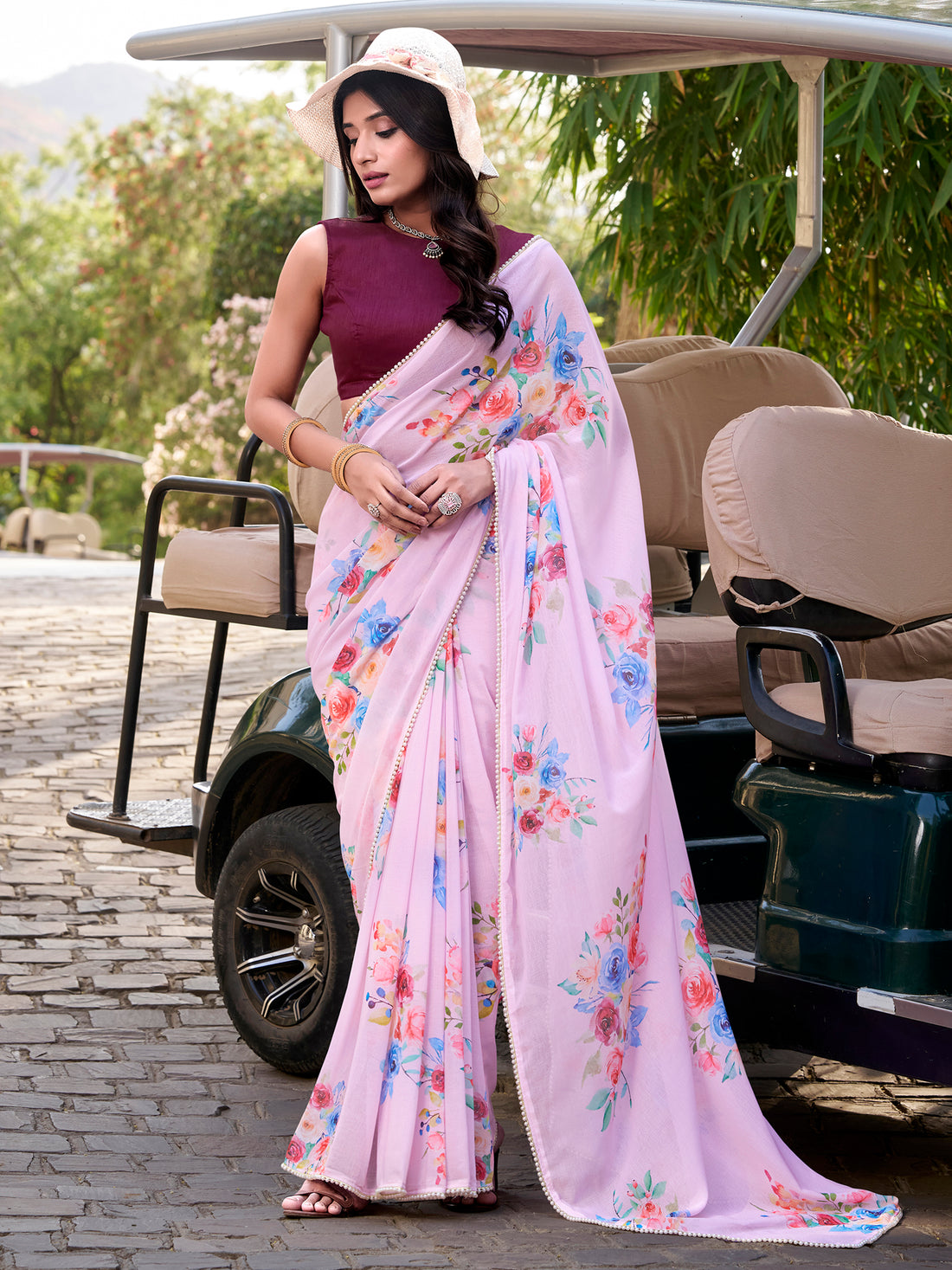 Gorgeous Light Pink Floral Printed Crepe Event Wear Saree With Blouse