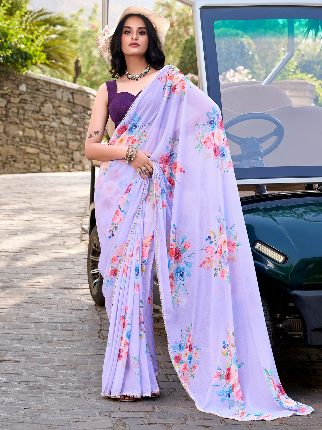 Captivating Lavender Floral Printed Crepe Casual Wear Saree With Blouse