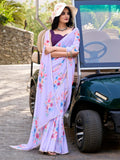 Captivating Lavender Floral Printed Crepe Casual Wear Saree With Blouse