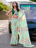 Charming Pista Green Floral Printed Crepe Office Wear Saree With Blouse