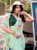 Charming Pista Green Floral Printed Crepe Office Wear Saree With Blouse