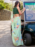 Charming Pista Green Floral Printed Crepe Office Wear Saree With Blouse