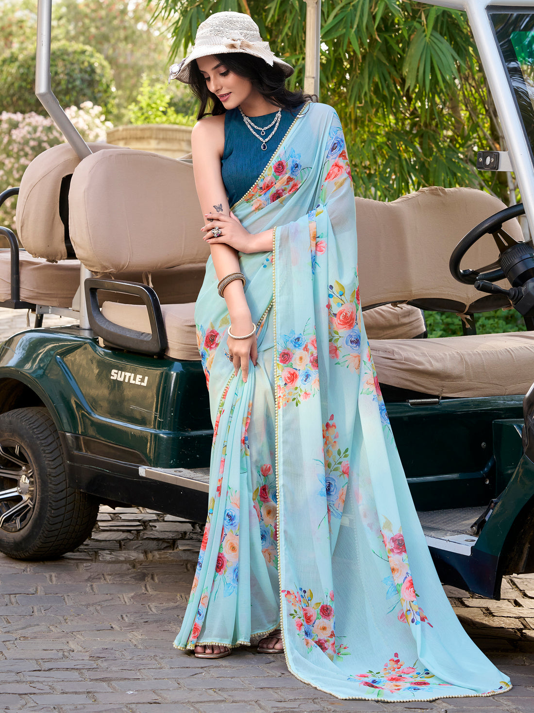 Alluring Sky Blue Floral Printed Casual Wear Saree With Blouse