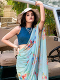 Alluring Sky Blue Floral Printed Casual Wear Saree With Blouse