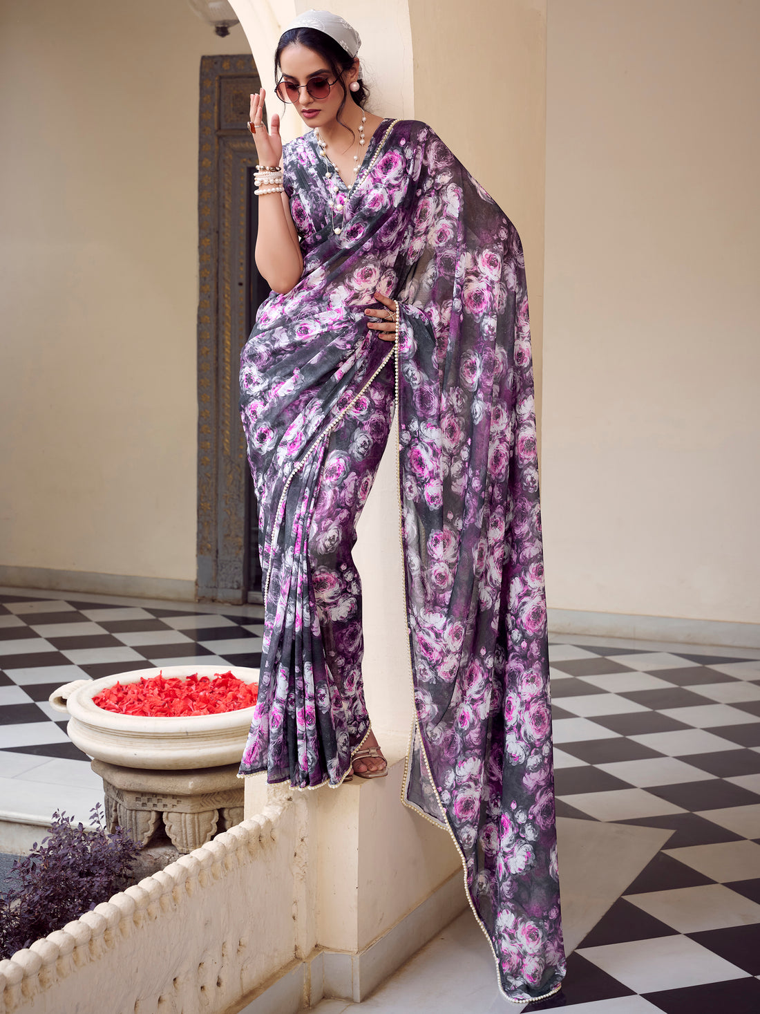 Lovely Grey Floral Printed Georgette Office Wear Saree With Blouse