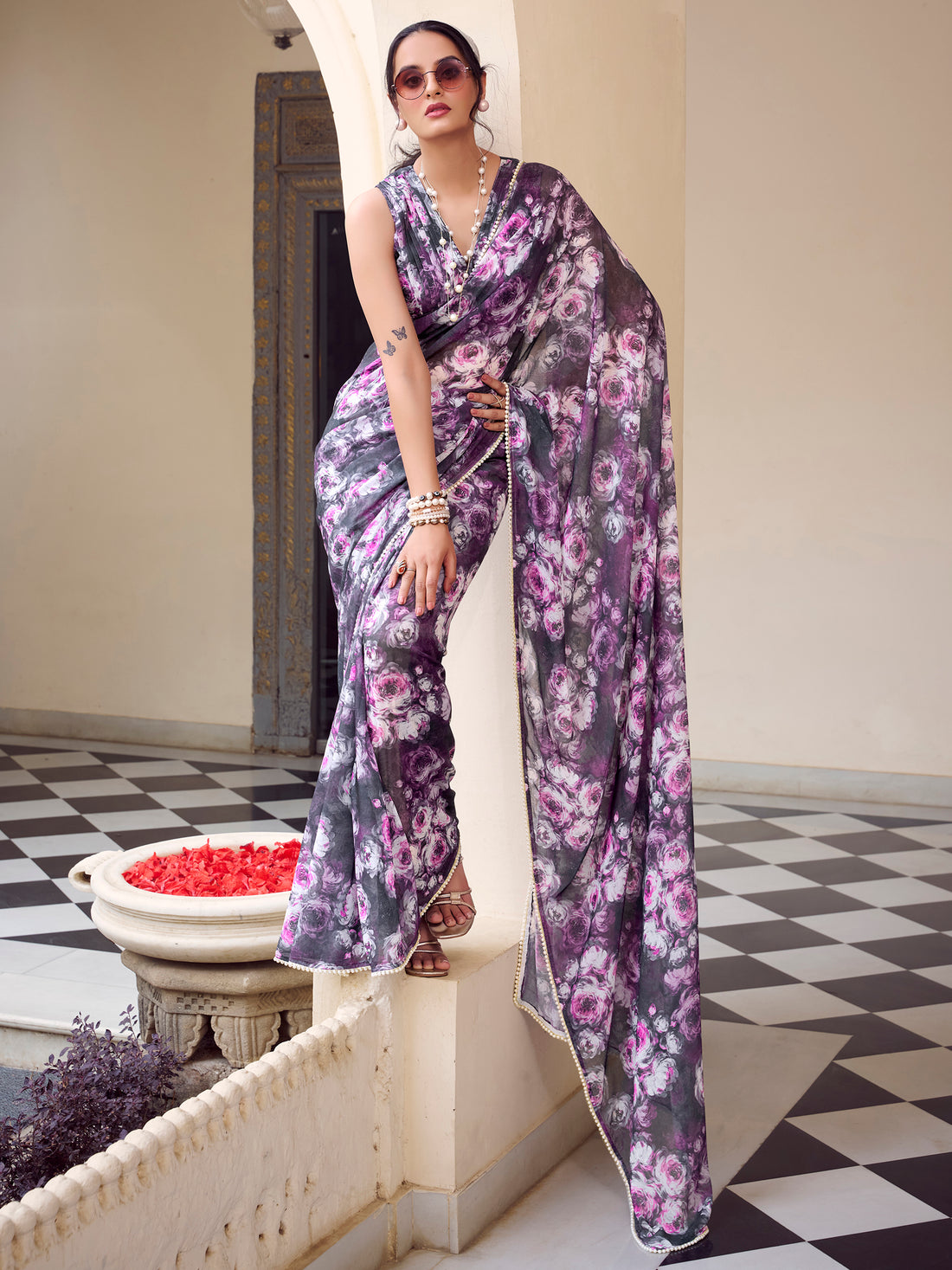 Lovely Grey Floral Printed Georgette Office Wear Saree With Blouse