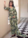 Ravishing Olive Green Floral Printed Georgette Saree With Blouse