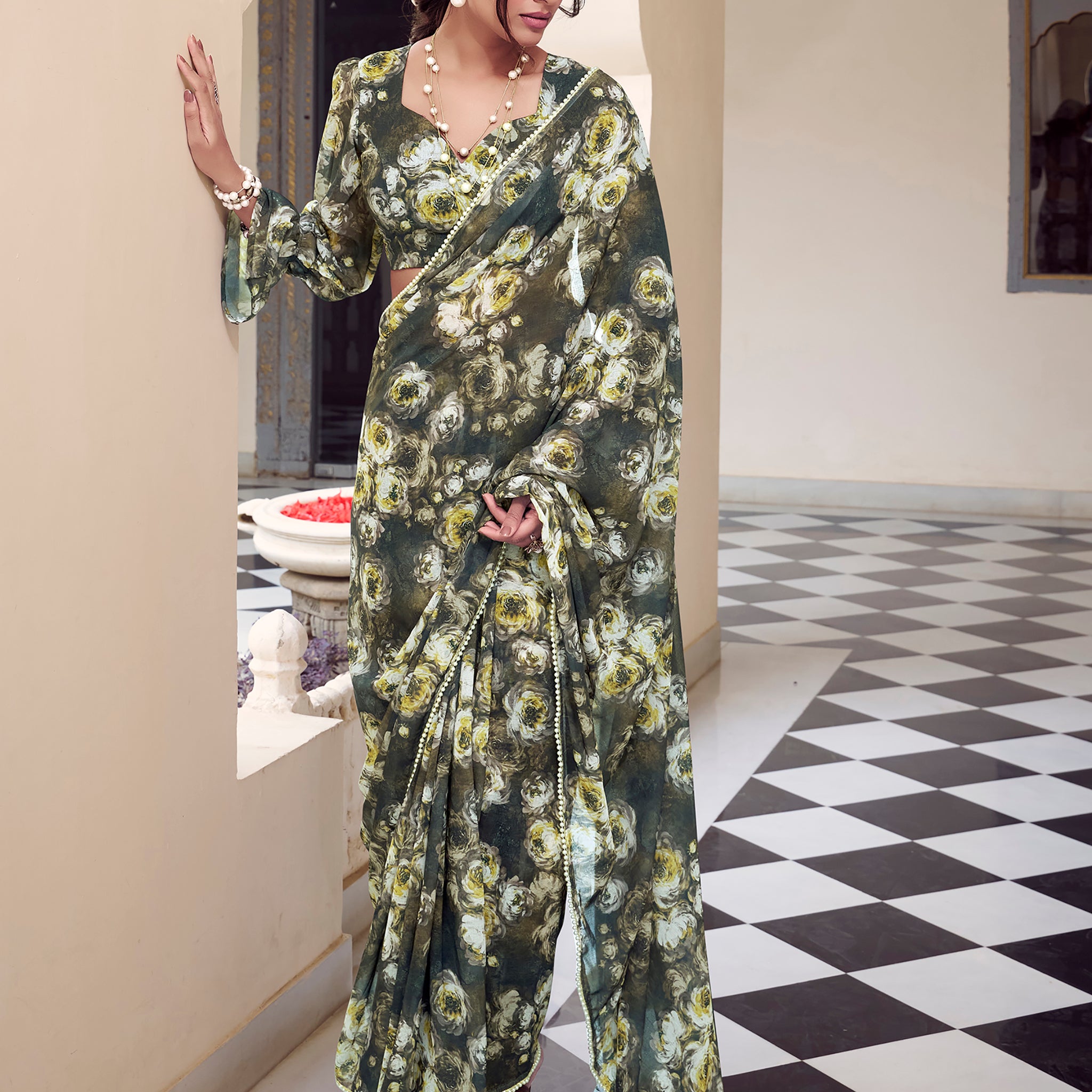 Ravishing Olive Green Floral Printed Georgette Saree With Blouse