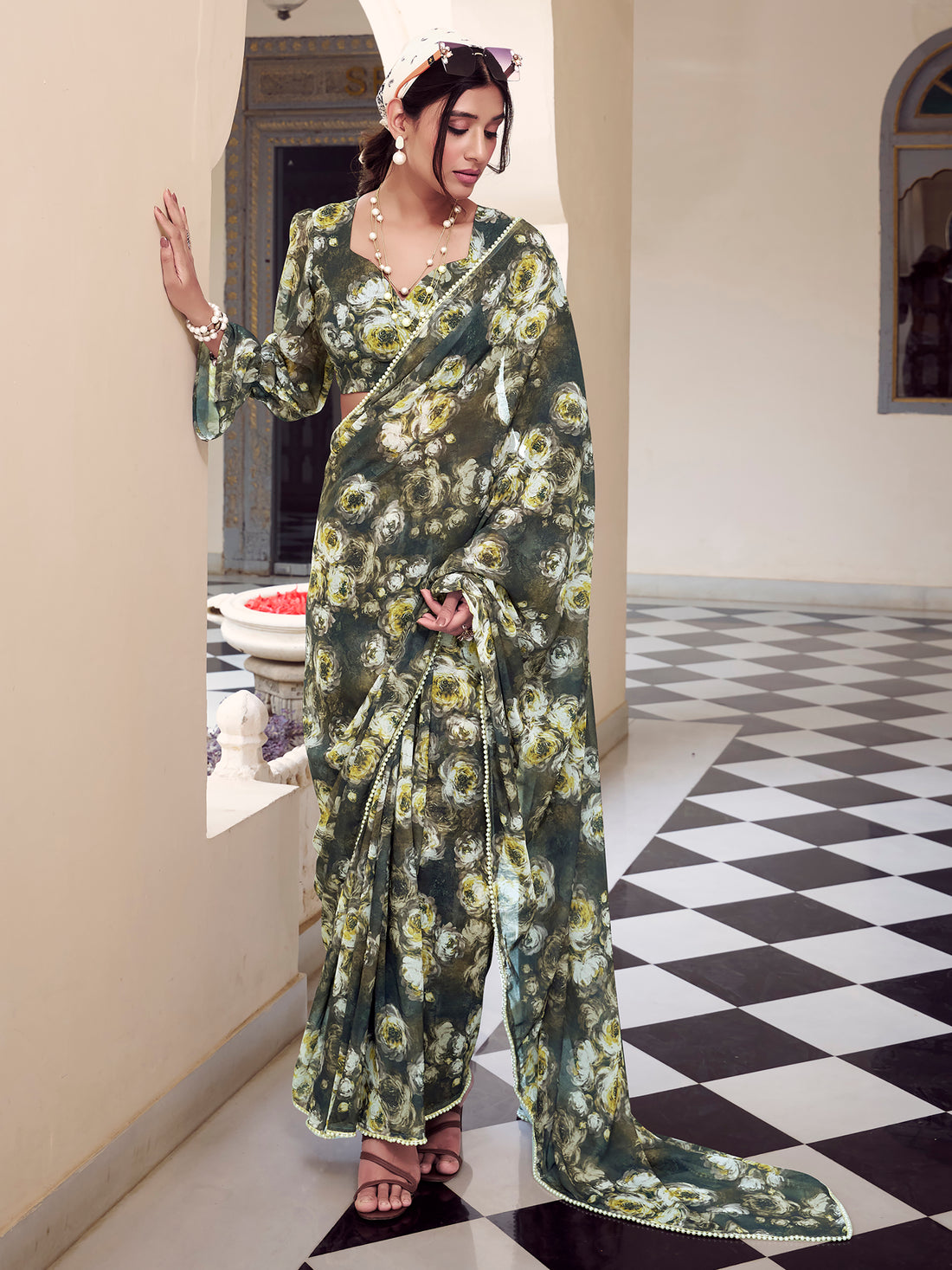 Ravishing Olive Green Floral Printed Georgette Saree With Blouse