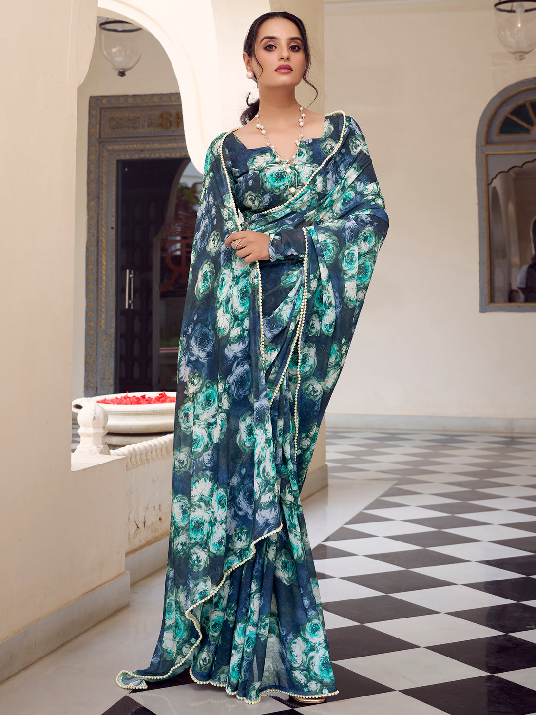 Beautiful Navy Blue Floral Printed Georgette Event Wear Saree
