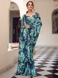 Beautiful Navy Blue Floral Printed Georgette Event Wear Saree