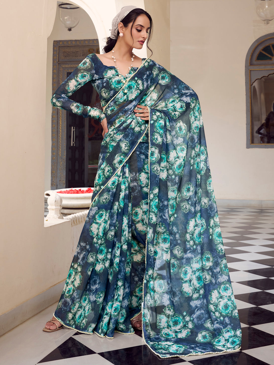 Beautiful Navy Blue Floral Printed Georgette Event Wear Saree
