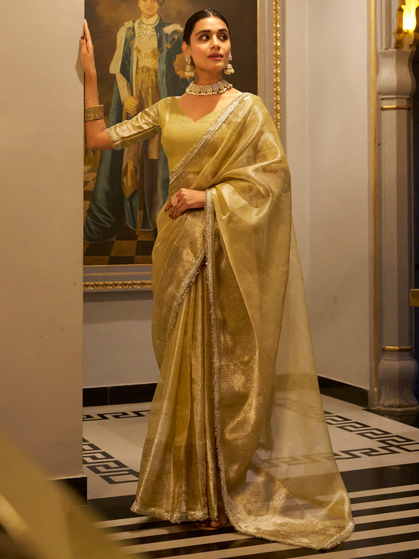 Tantalizing Golden Zari Weaving Tissue Silk Traditional Saree With Blouse