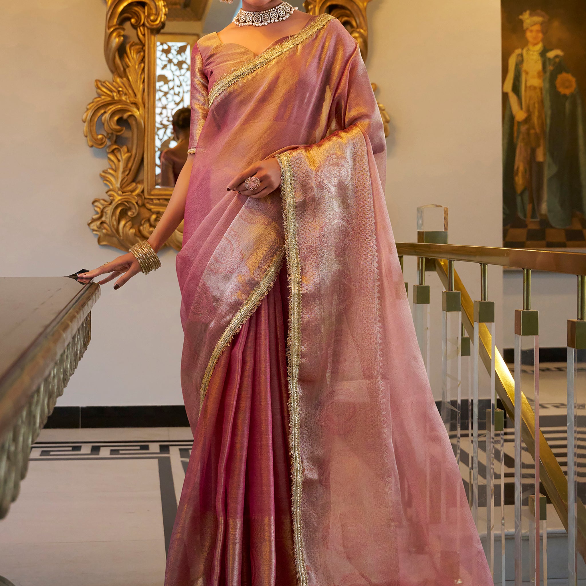 Gorgeous Light Pink Zari Weaving Tissue Silk Saree With Blouse