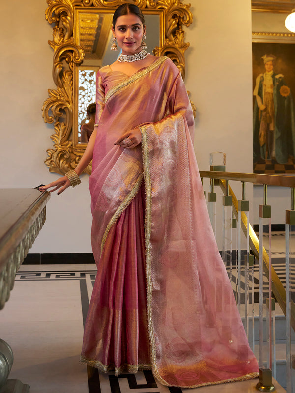 Gorgeous Light Pink Zari Weaving Tissue Silk Saree With Blouse