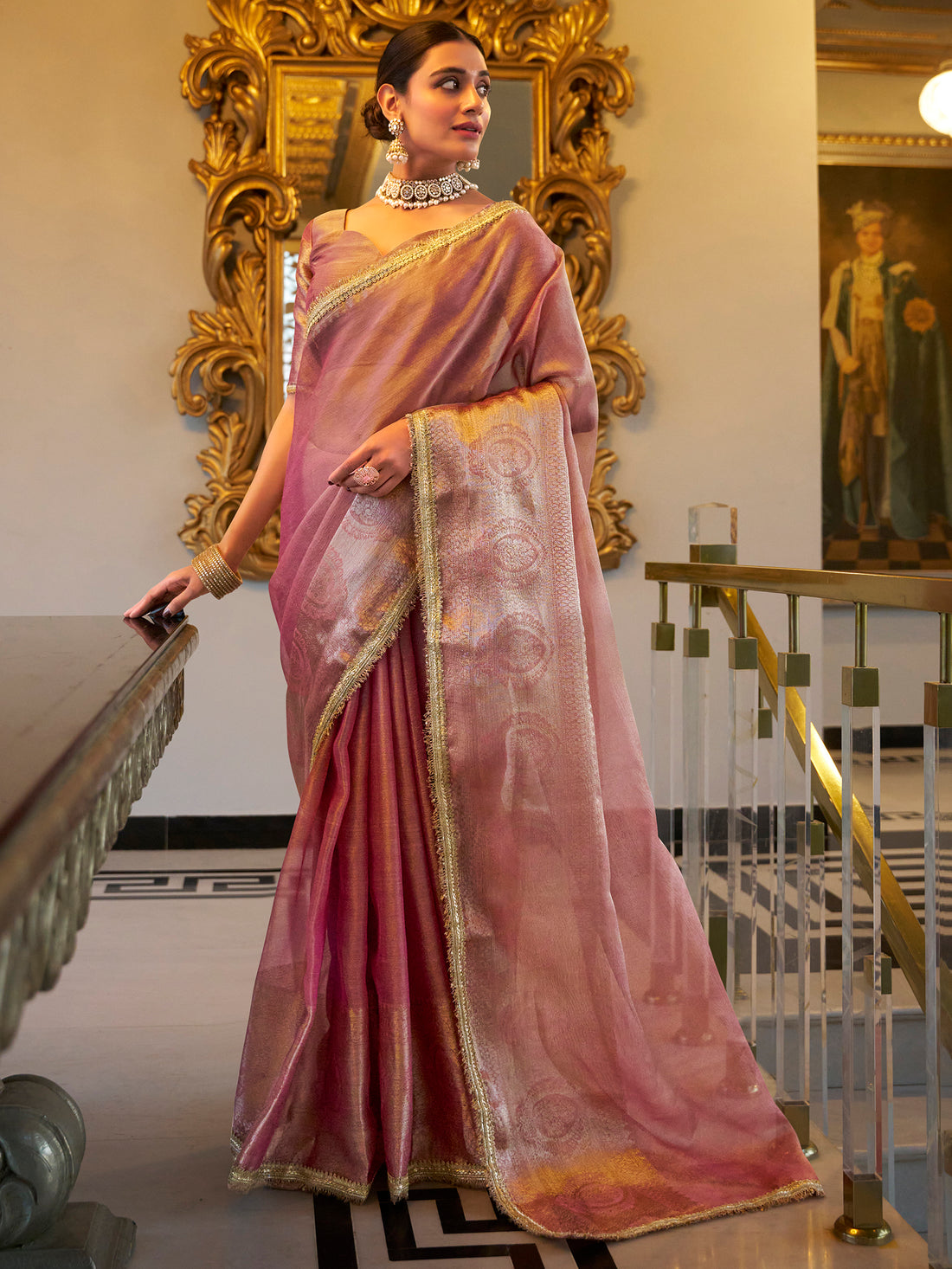 Gorgeous Light Pink Zari Weaving Tissue Silk Saree With Blouse