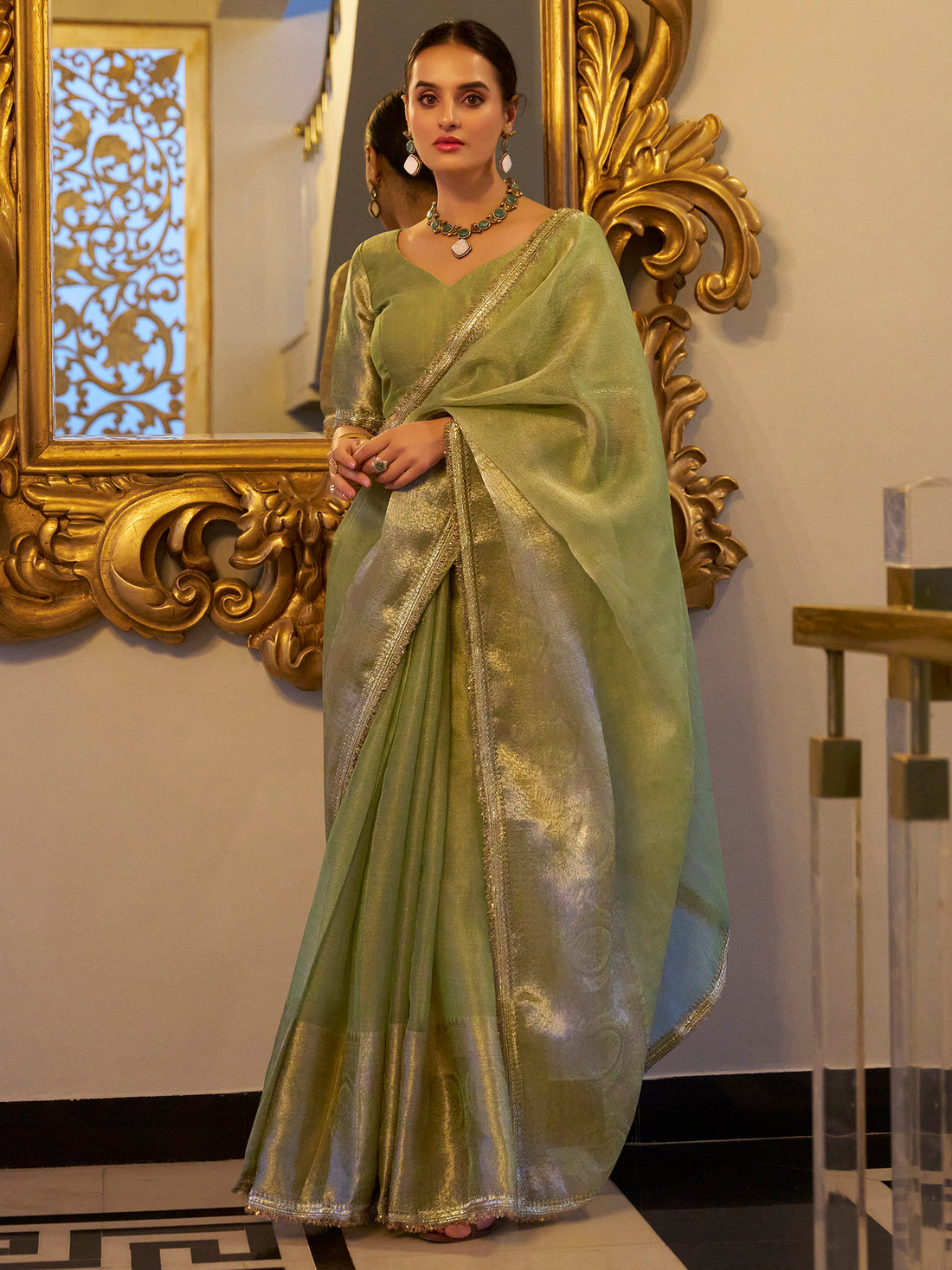 Precious Pista Green Zari Weaving Tissue Silk Event Wear Saree