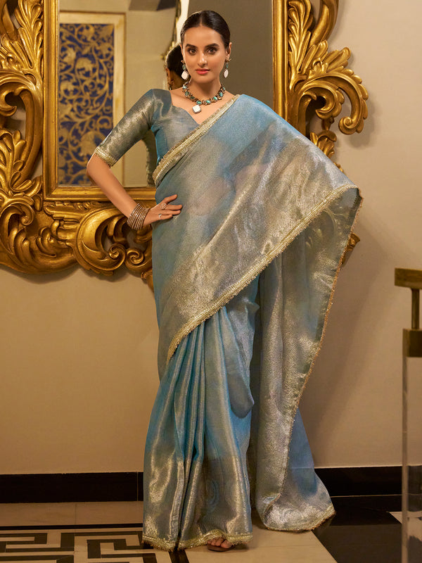 Adorable Sky Blue Zari Weaving Tissue Silk Festival Wear Saree