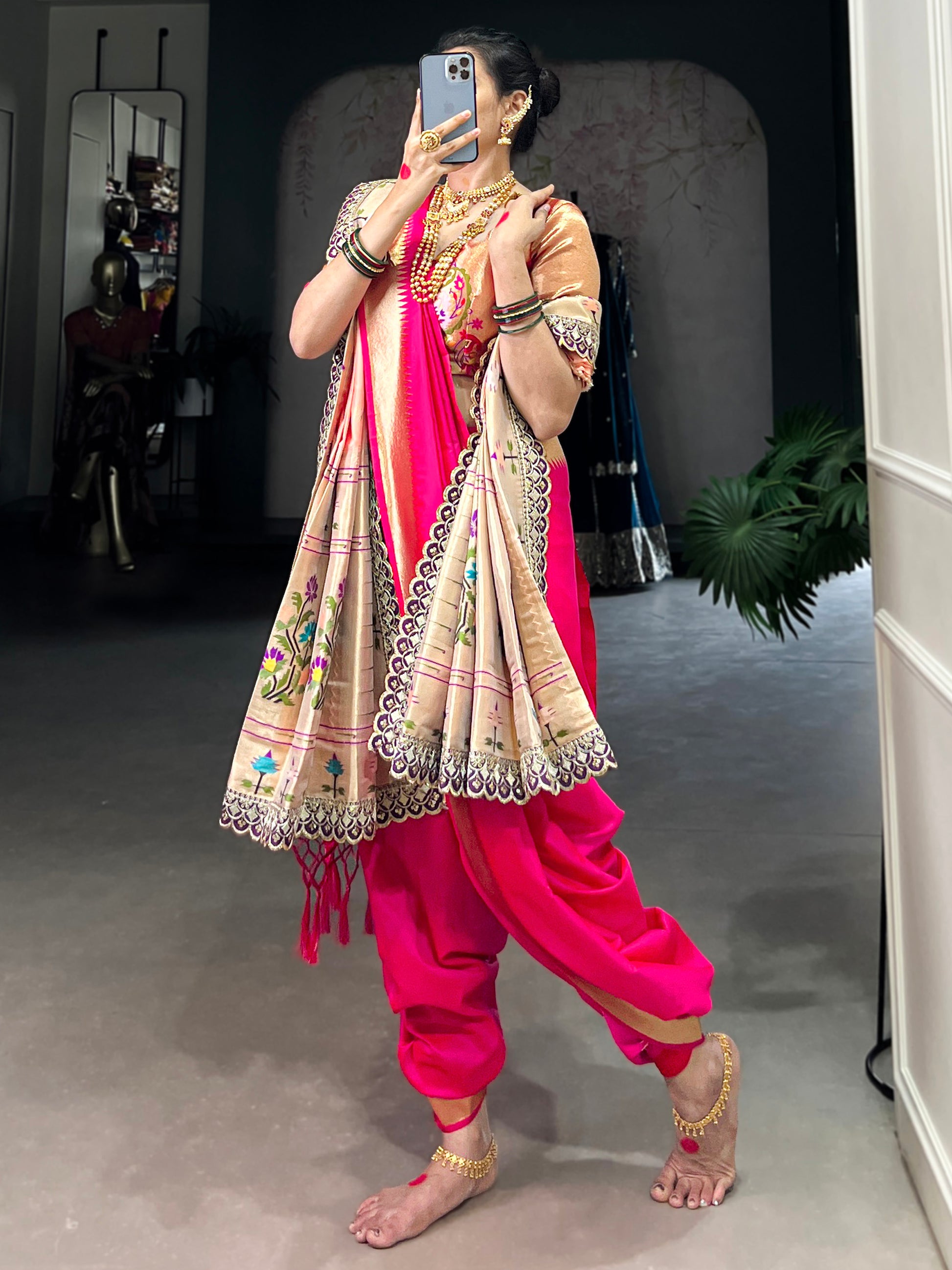 Bewitching Pink Zari Weaving Nauvari Wedding Wear Saree With Dupatta