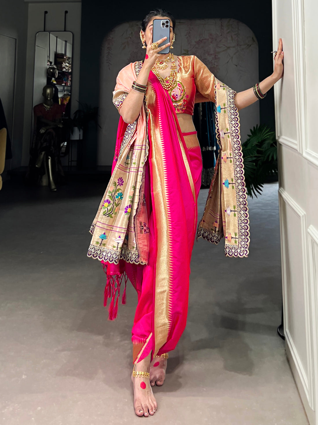 Bewitching Pink Zari Weaving Nauvari Wedding Wear Saree With Dupatta