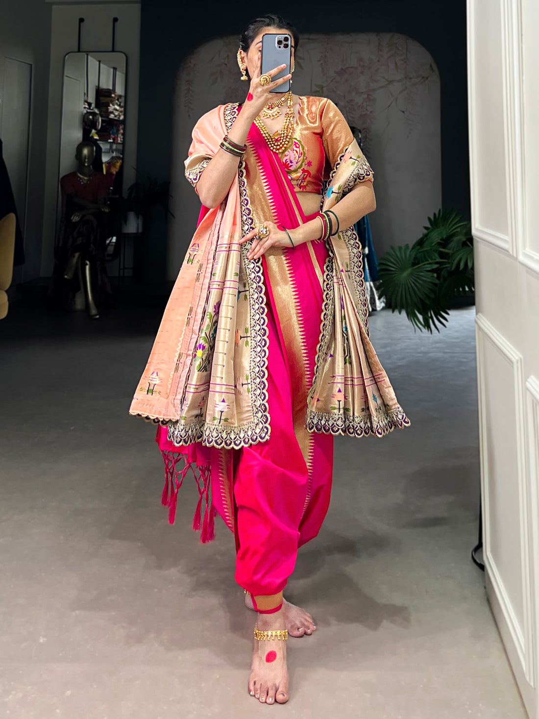 Bewitching Pink Zari Weaving Nauvari Wedding Wear Saree With Dupatta